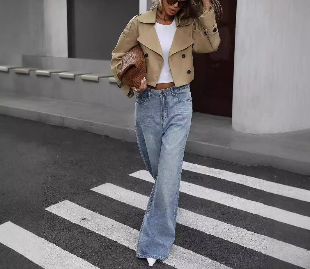 Damen Eleganter Kurzer Zweireihiger Trenchcoat