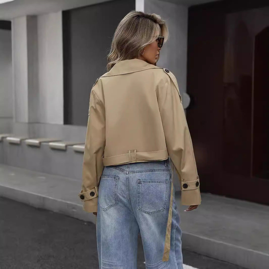 Damen Eleganter Kurzer Zweireihiger Trenchcoat (2)