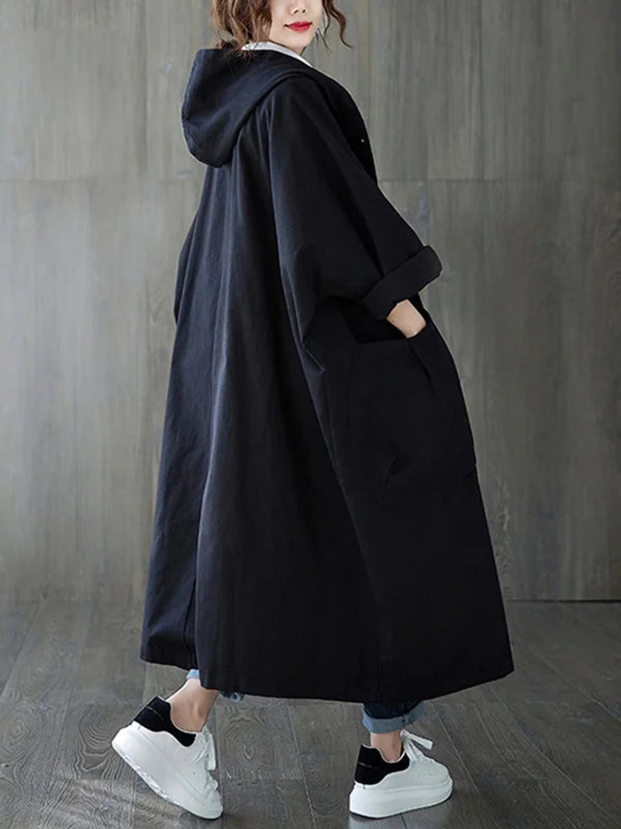 Damen Eleganter Wasserdichter Trenchcoat mit Kapuze in Schwarz
