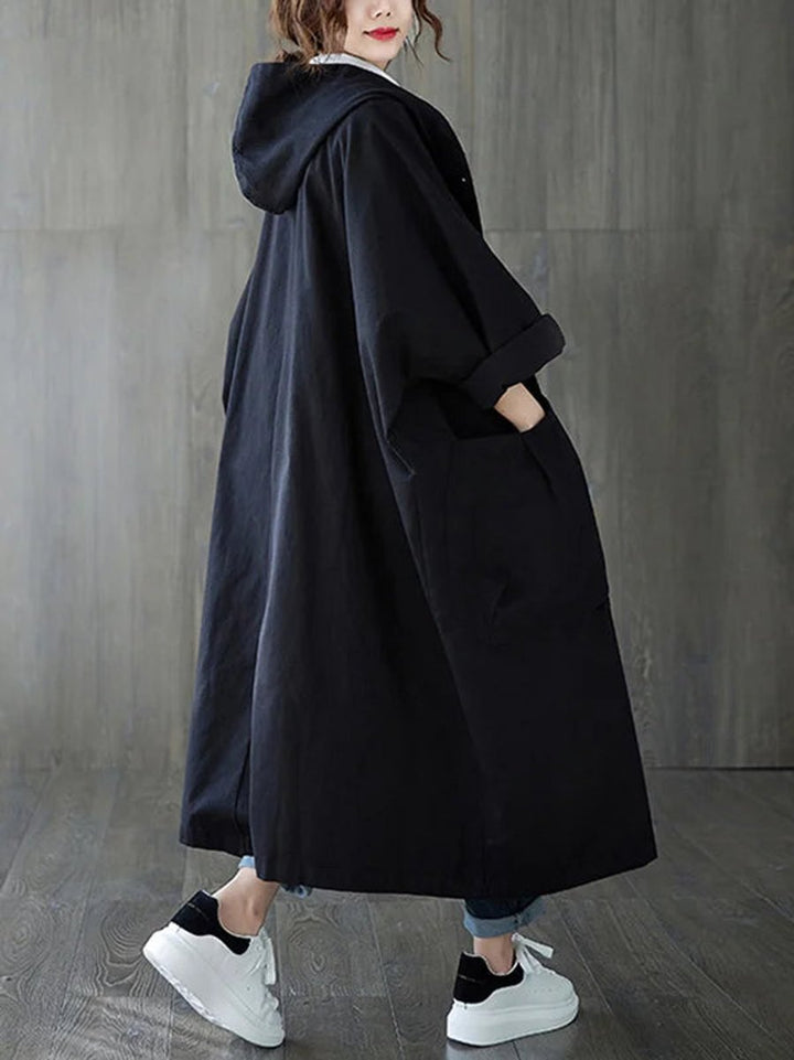 Damen Eleganter Wasserdichter Trenchcoat mit Kapuze in Schwarz