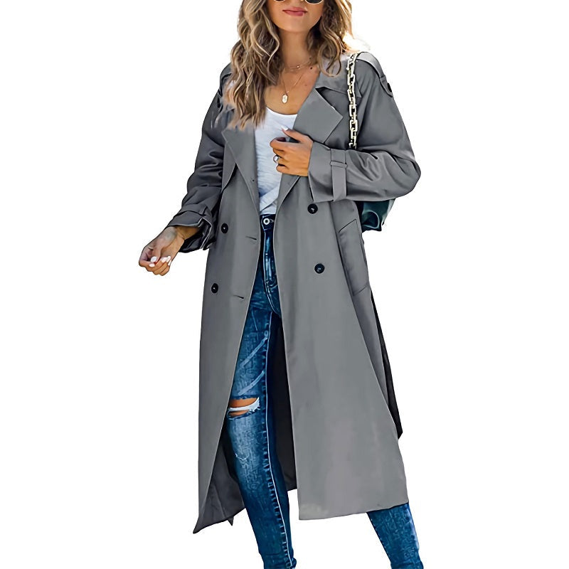 Damen Eleganter Zeitloser Langer Trenchcoat in Grau