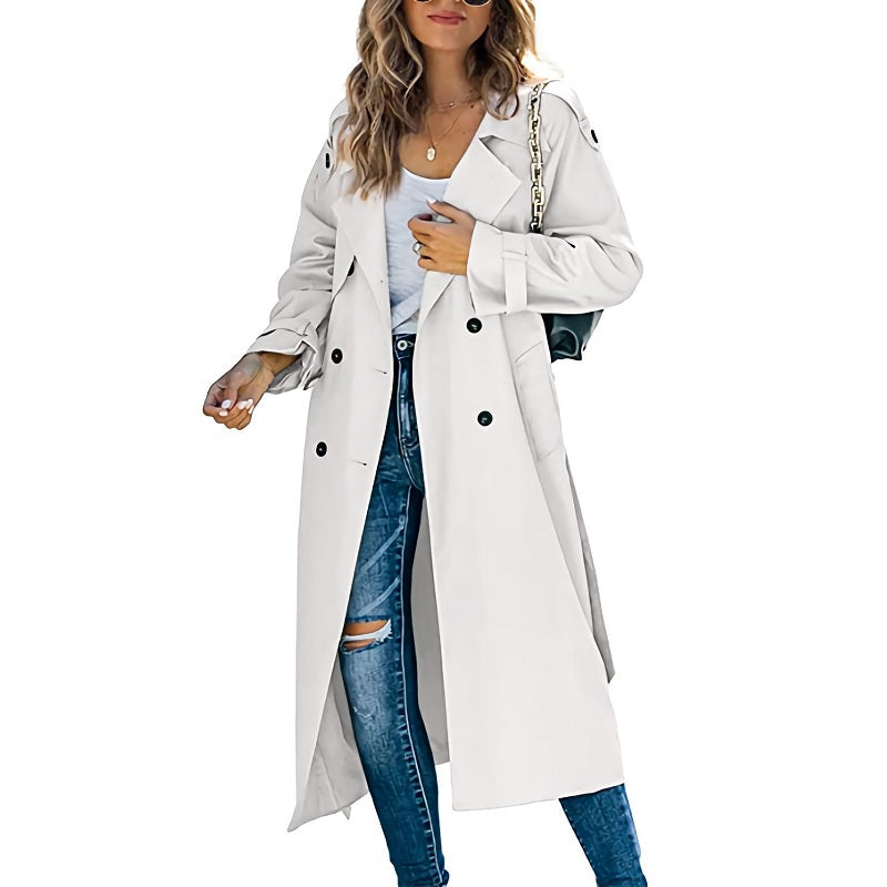 Damen Eleganter Zeitloser Langer Trenchcoat in Weiß