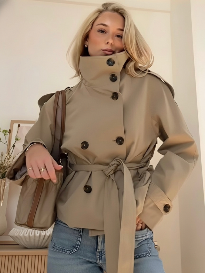 Damen Eleganter Zweireihiger Trenchcoat mit Bindegürtel in Khaki 2
