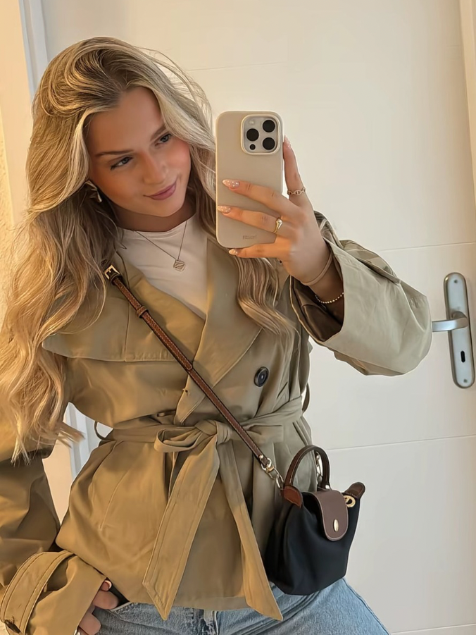 Damen Eleganter Zweireihiger Trenchcoat mit Bindegürtel in Khaki 3