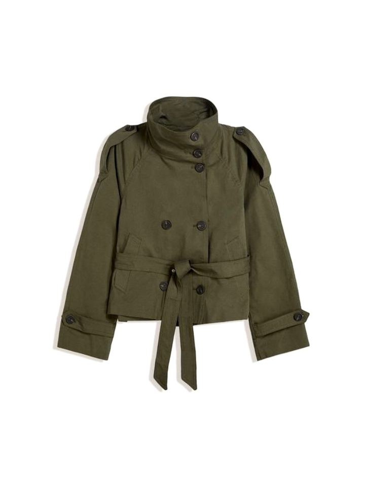 Damen Eleganter Zweireihiger Trenchcoat mit Bindegürtel in Olivgrün