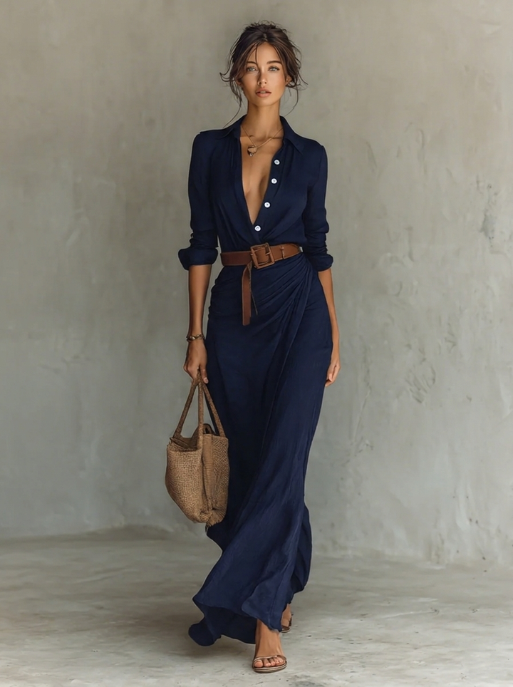 Damen Elegantes Abendkleid in Maxilänge mit Spitze in Marineblau