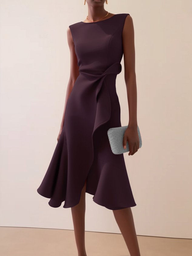 Damen Elegantes Abendkleid Midi mit Drapierung in Burgunderrot