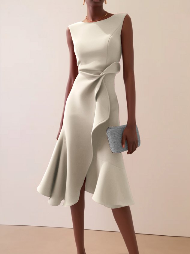 Damen Elegantes Abendkleid Midi mit Drapierung in Creme