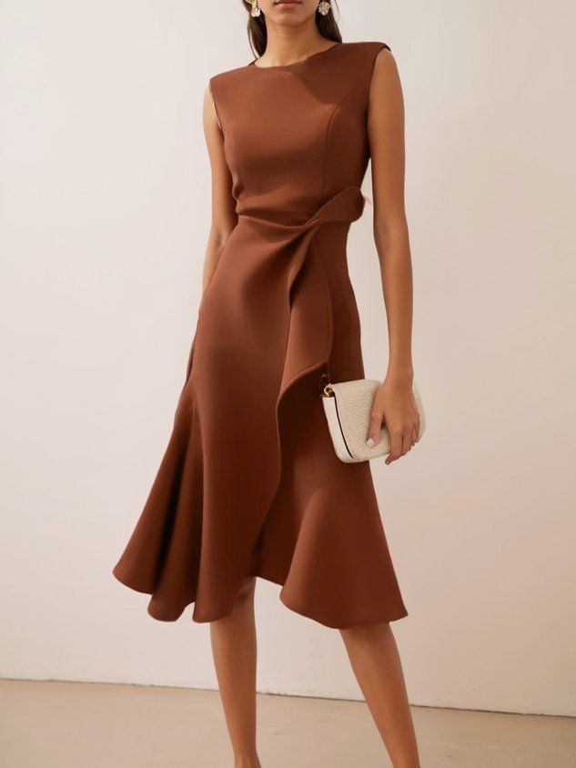 Damen Elegantes Abendkleid Midi mit Drapierung in Kaffee