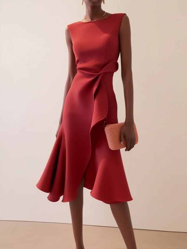 Damen Elegantes Abendkleid Midi mit Drapierung in Rot