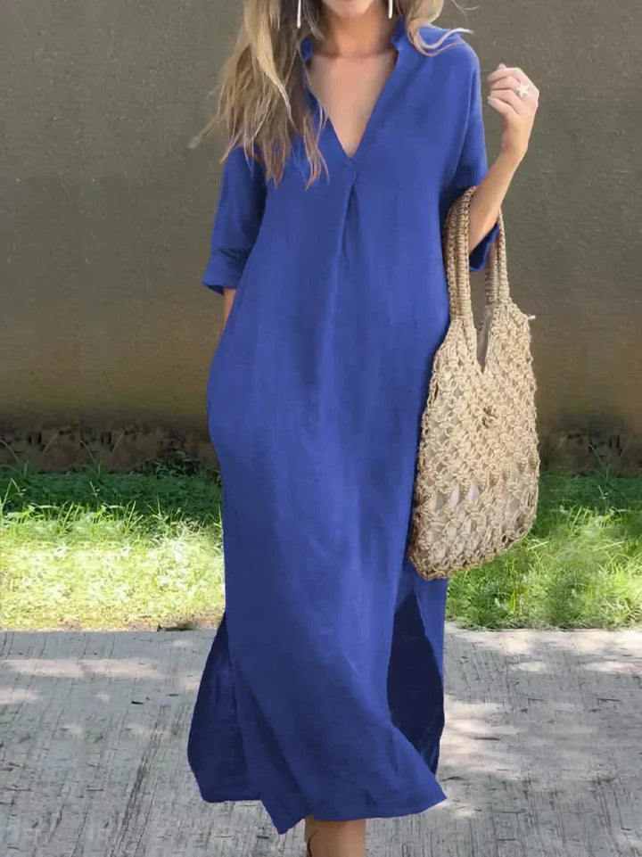 Damen Elegantes Baumwoll-Sommerkleid mit Taschen in Blau