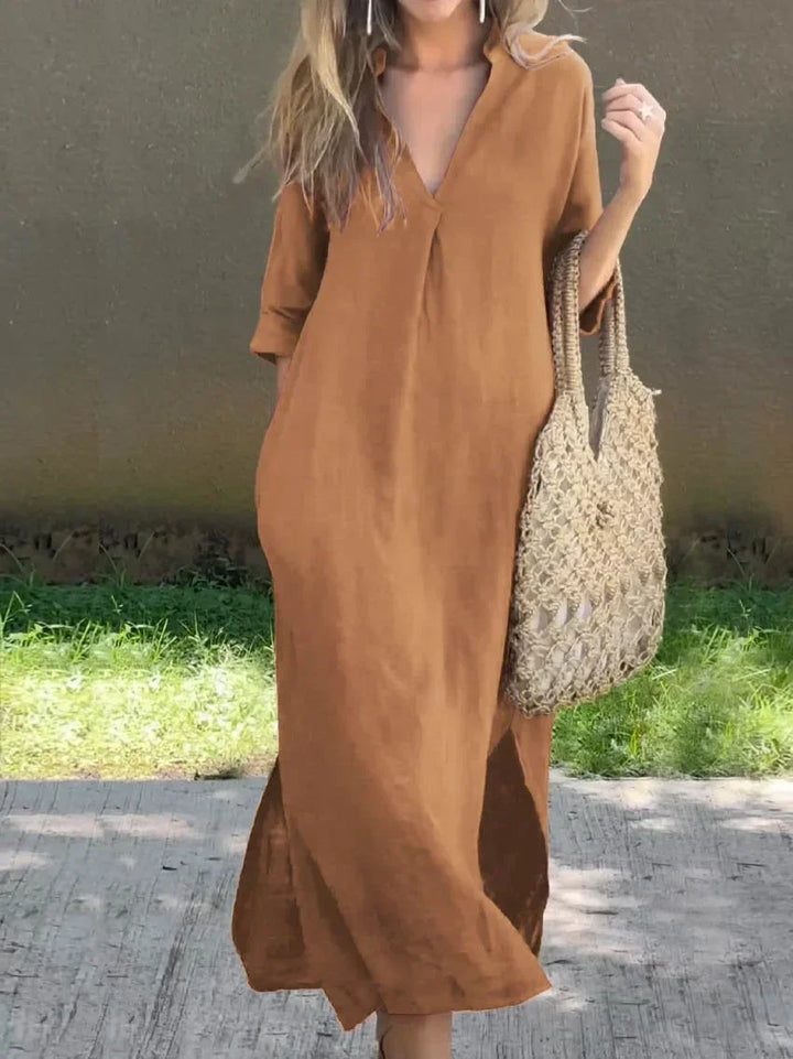 Damen Elegantes Baumwoll-Sommerkleid mit Taschen in Khaki