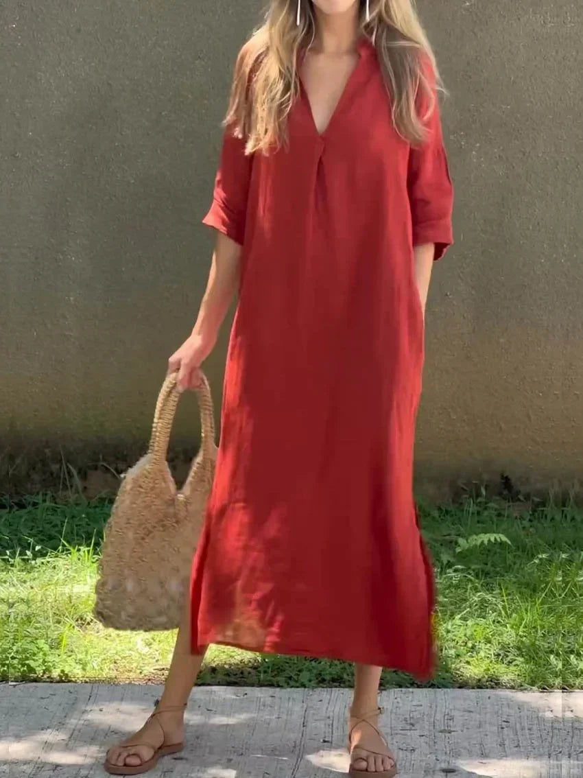 Damen Elegantes Baumwoll-Sommerkleid mit Taschen in Rot