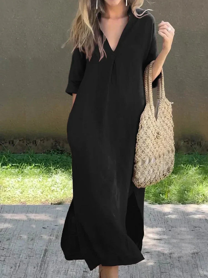 Damen Elegantes Baumwoll-Sommerkleid mit Taschen in Schwarz