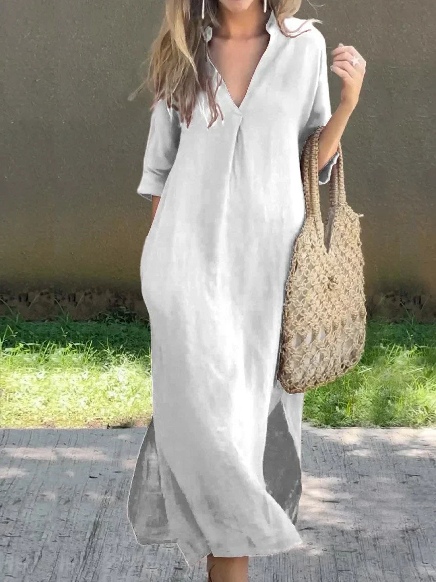 Damen Elegantes Baumwoll-Sommerkleid mit Taschen in Weiß