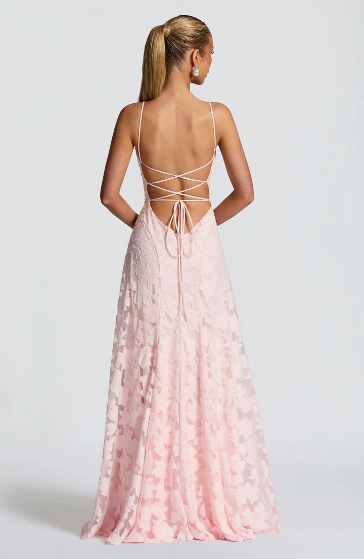 Damen Elegantes Blumenmuster A-Linien Maxikleid für Hochzeitsgäste mit zarten Spaghettiträgern (3)