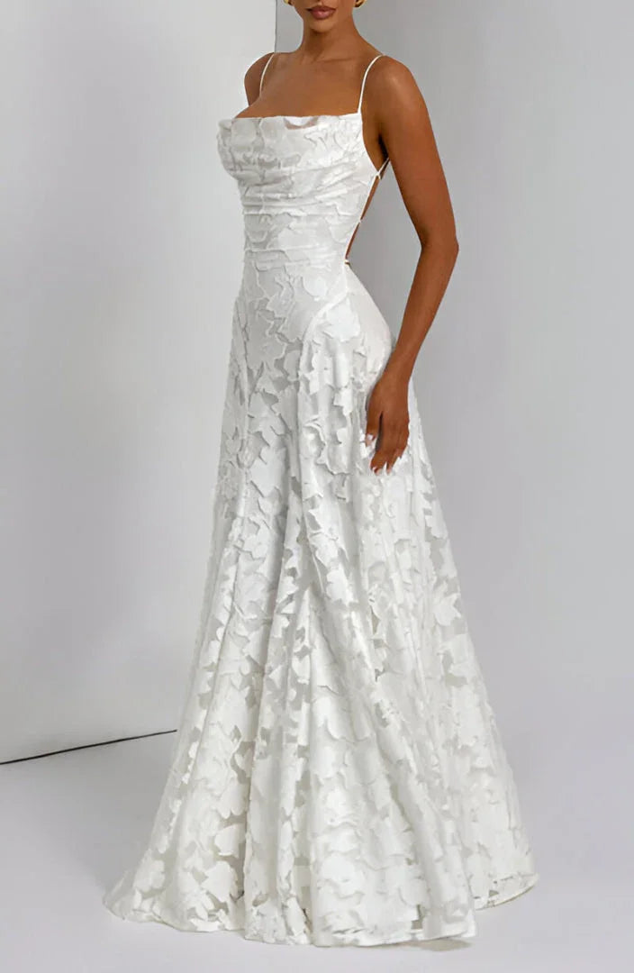 Damen Elegantes Blumenmuster A-Linien Maxikleid für Hochzeitsgäste mit zarten Spaghettiträgern (8)