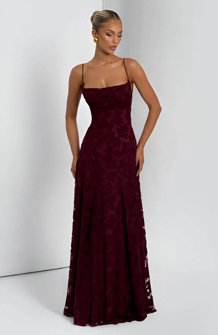 Damen Elegantes Blumenmuster A-Linien Maxikleid für Hochzeitsgäste mit zarten Spaghettiträgern in Bordeaux