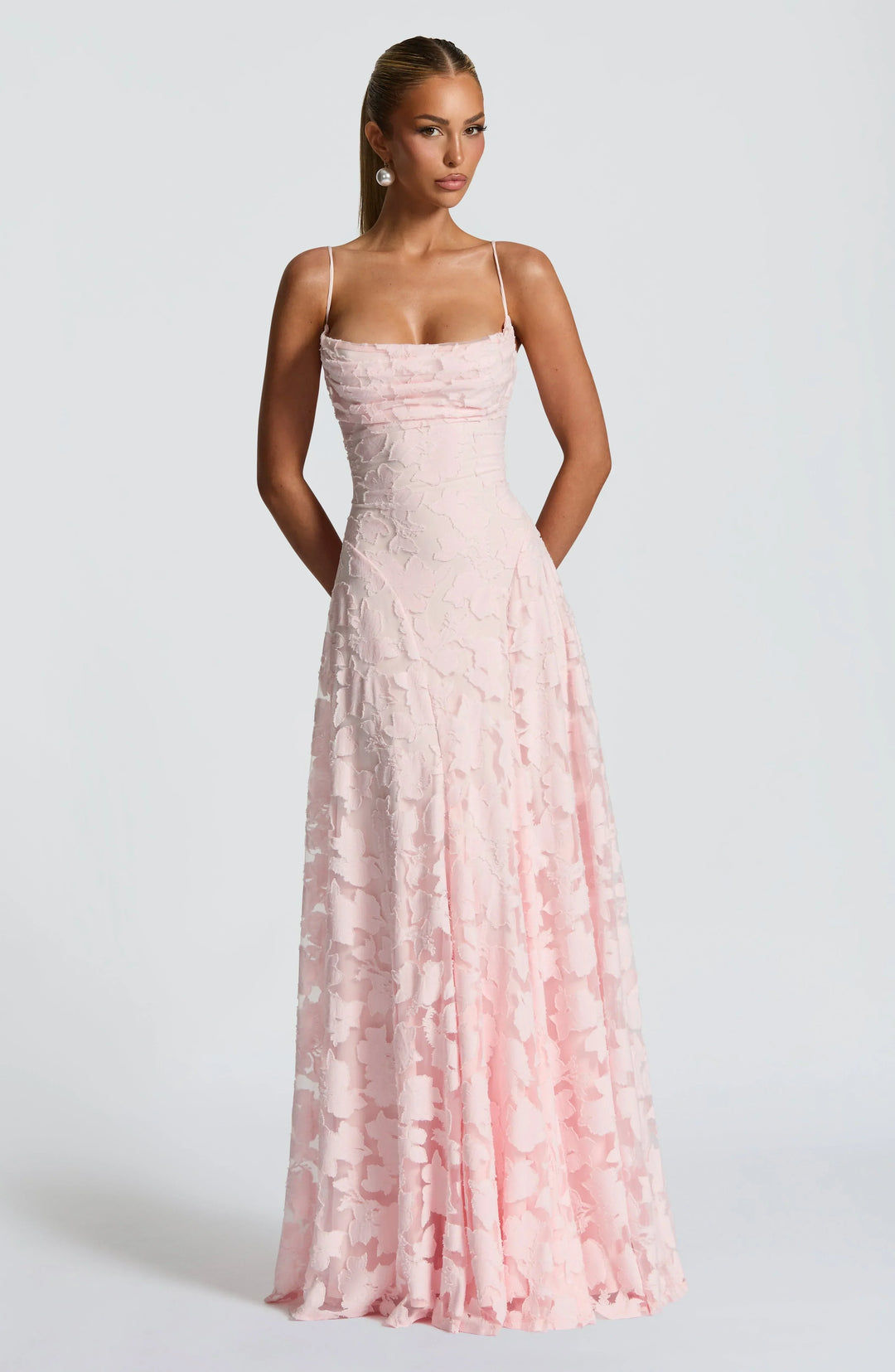 Damen Elegantes Blumenmuster A-Linien Maxikleid für Hochzeitsgäste mit zarten Spaghettiträgern in Rosa