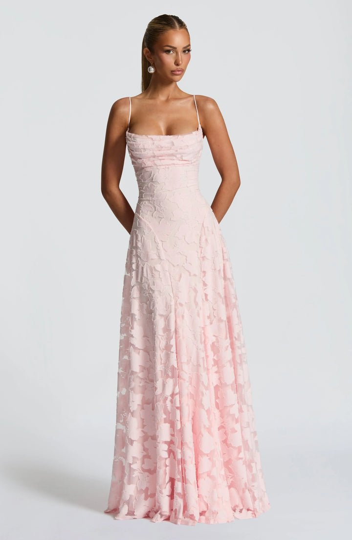 Damen Elegantes Blumenmuster A-Linien Maxikleid für Hochzeitsgäste mit zarten Spaghettiträgern in Rosa
