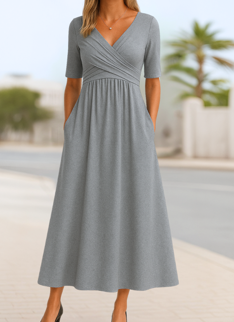Damen Elegantes Herbst-Crossover-Kleid für Abend in Grau