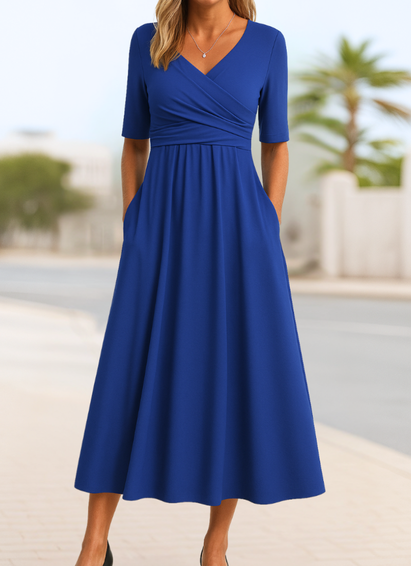 Damen Elegantes Herbst-Crossover-Kleid für Abend in Marineblau