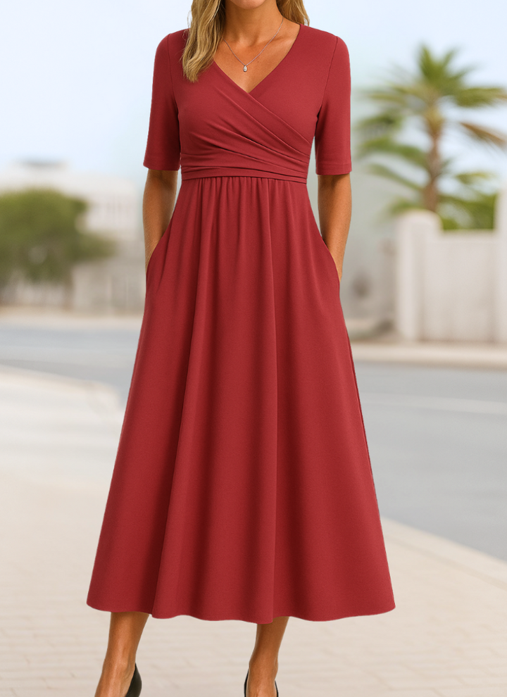Damen Elegantes Herbst-Crossover-Kleid für Abend in Rot