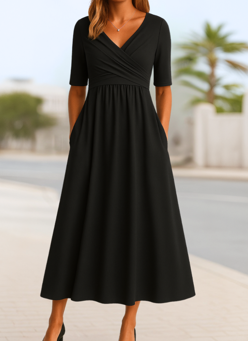 Damen Elegantes Herbst-Crossover-Kleid für Abend in Schwarz