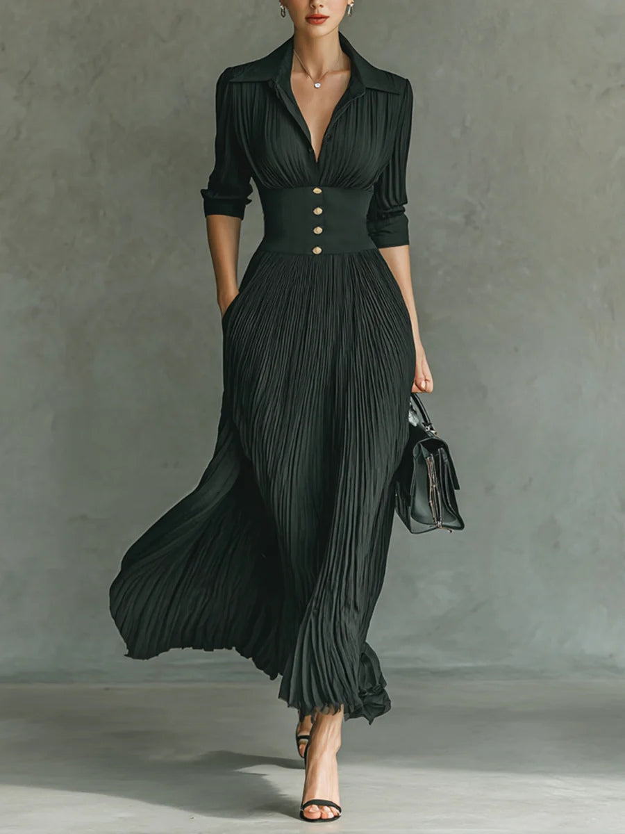 Damen Elegantes Herbst-Maxikleid mit Plissees in Schwarz