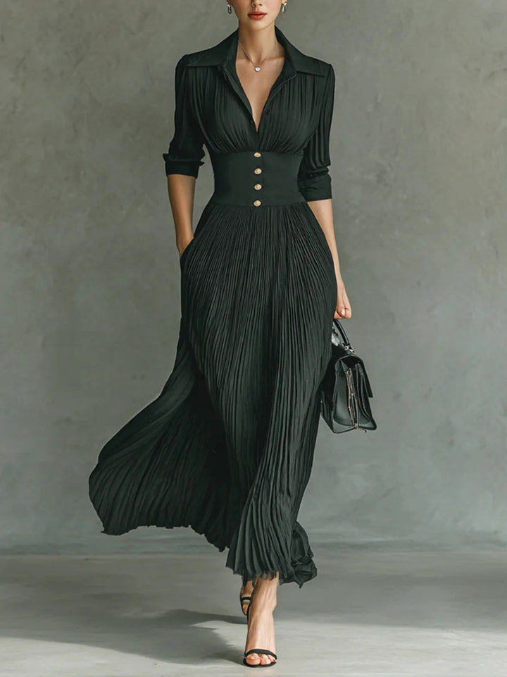 Damen Elegantes Herbst-Maxikleid mit Plissees in Schwarz
