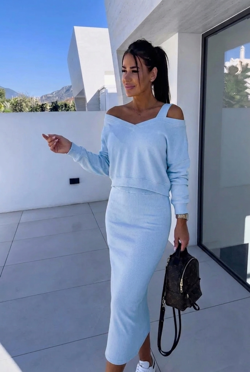 Damen Elegantes Kleid Sweatshirt Set in Blau