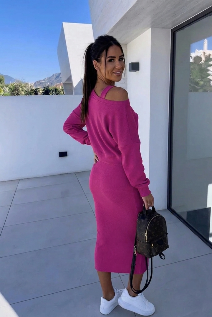 Damen Elegantes Kleid Sweatshirt Set in Fuchsia