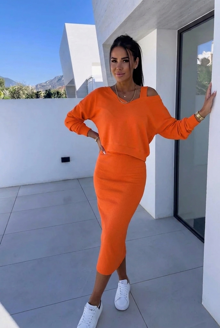Damen Elegantes Kleid Sweatshirt Set in Orange