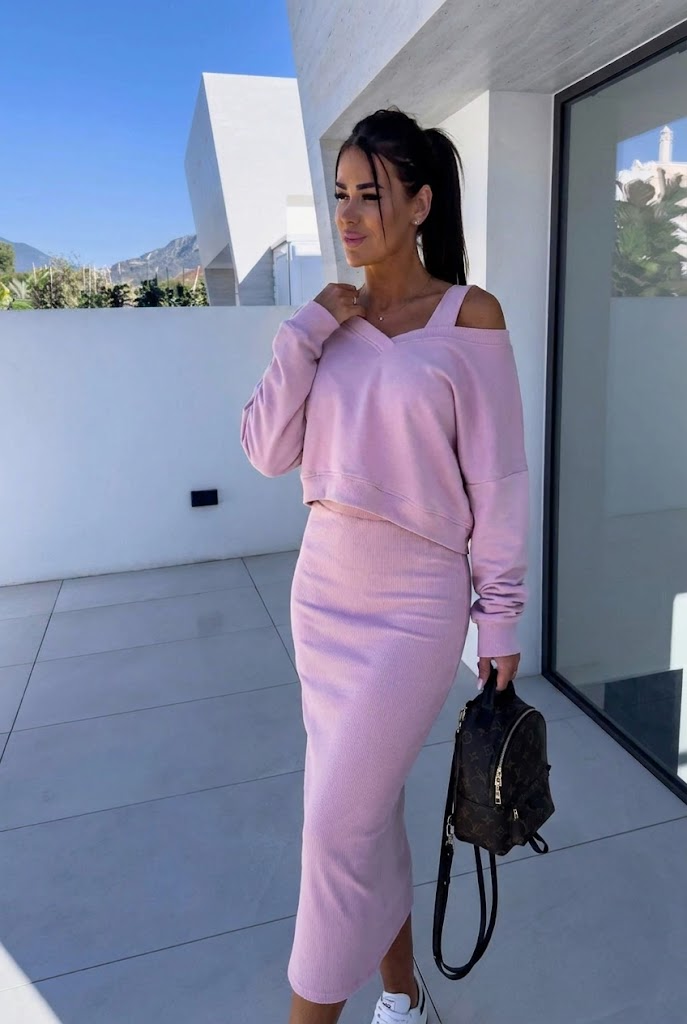 Damen Elegantes Kleid Sweatshirt Set in Rosa