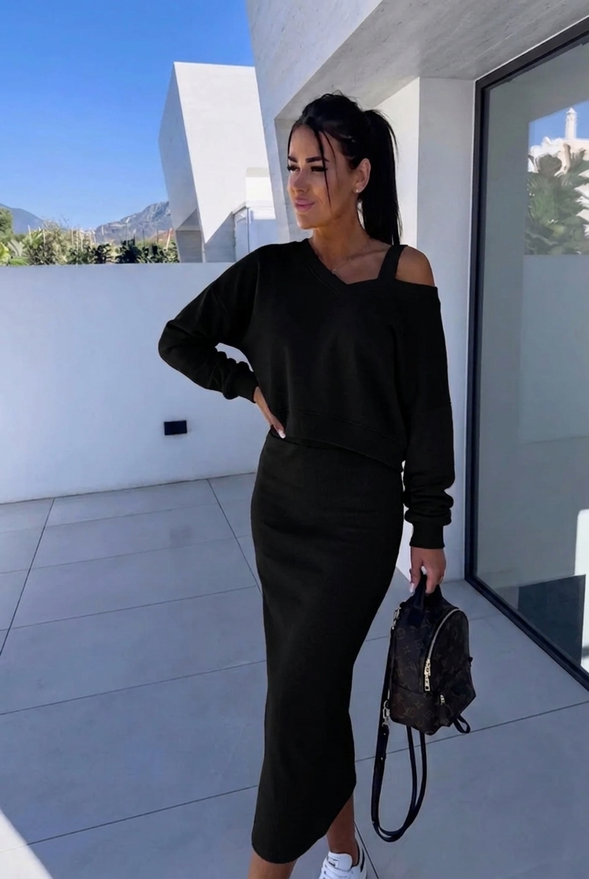 Damen Elegantes Kleid Sweatshirt Set in Schwarz