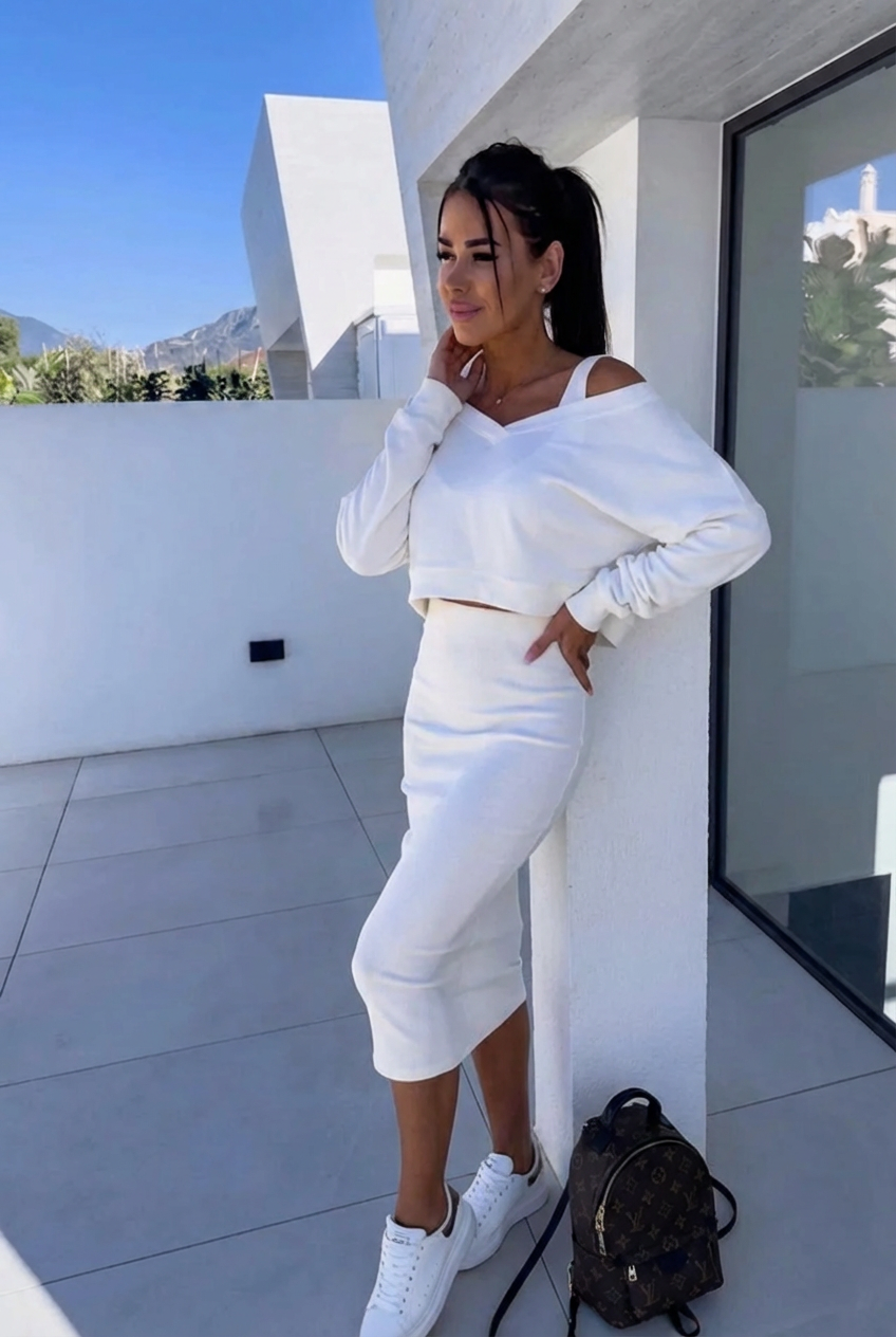 Damen Elegantes Kleid Sweatshirt Set in Weiß