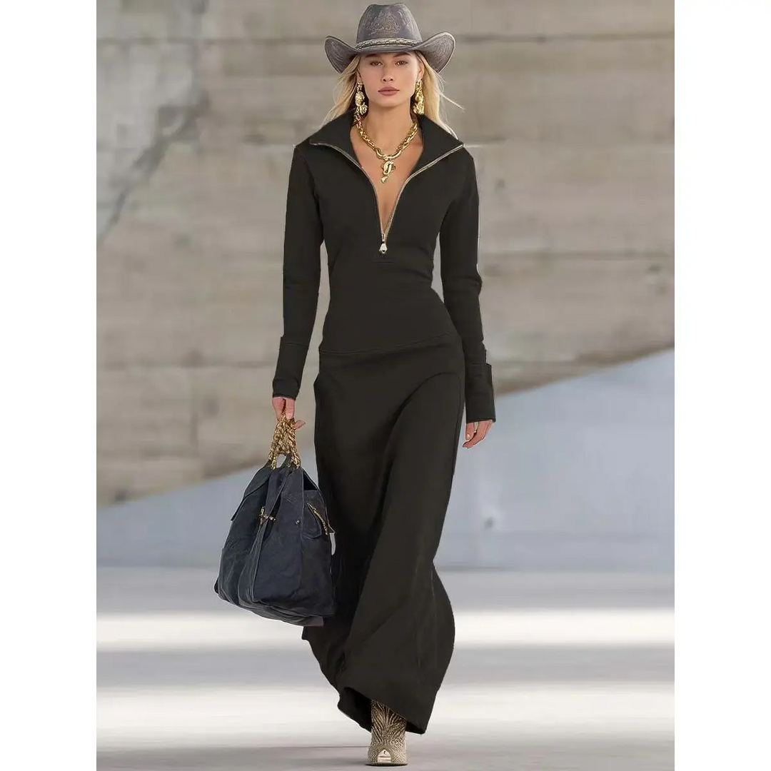 Damen Elegantes Langärmliges Abendkleid Maxilänge in Schwarz