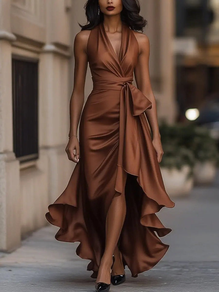 Damen Elegantes Langes Abendkleid mit Wickel in Braun