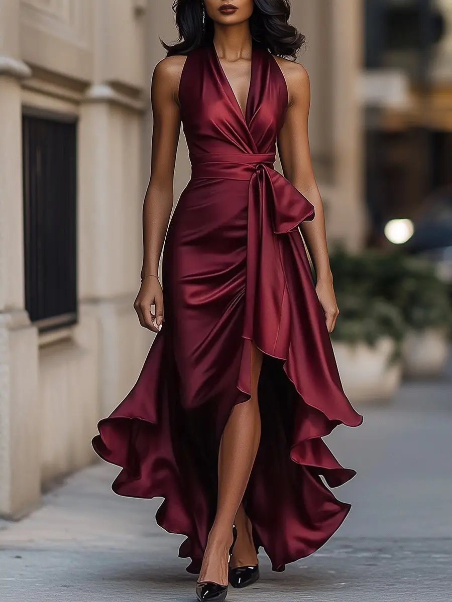 Damen Elegantes Langes Abendkleid mit Wickel in Burgunder