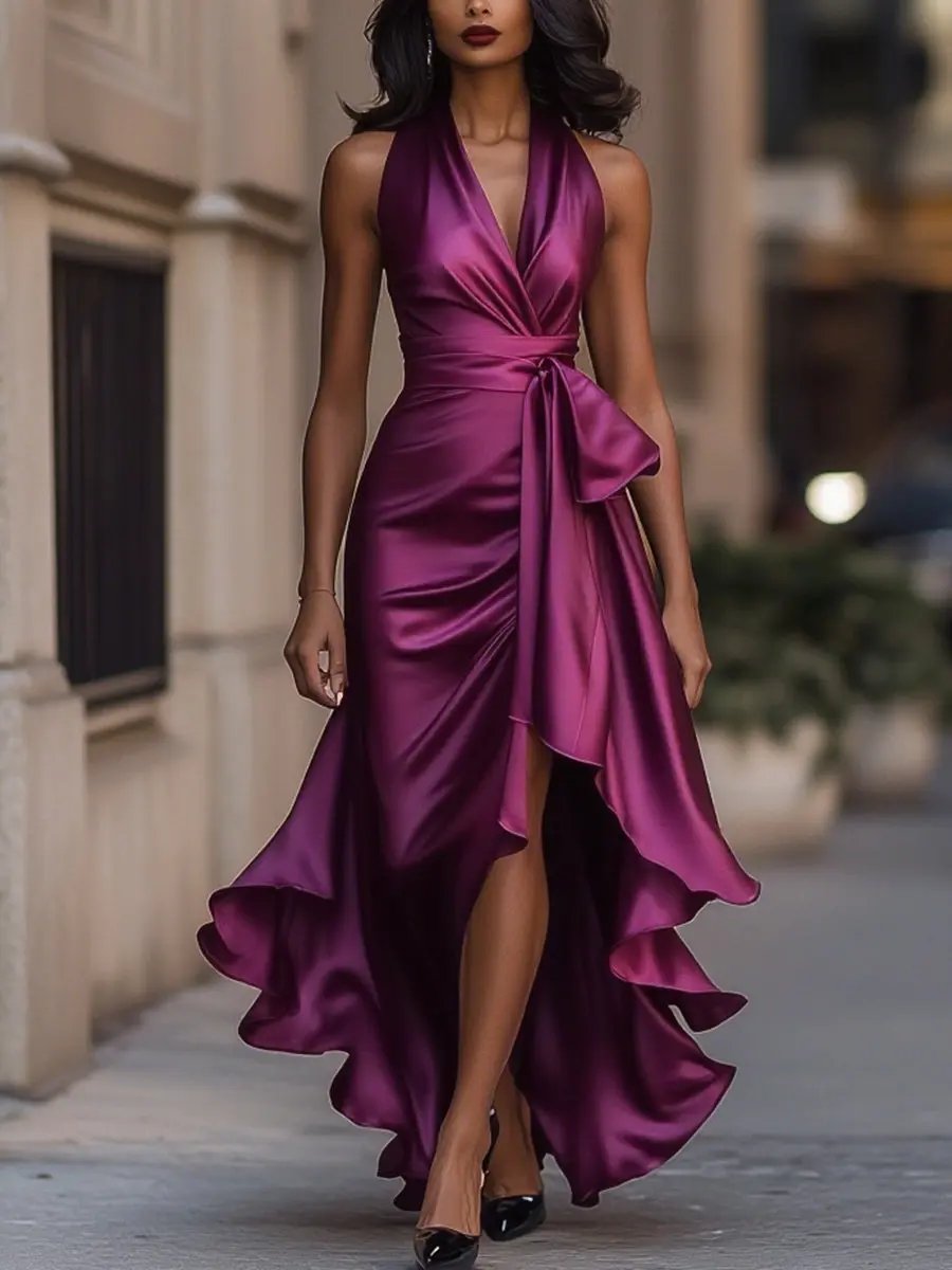 Damen Elegantes Langes Abendkleid mit Wickel in Fuchsia