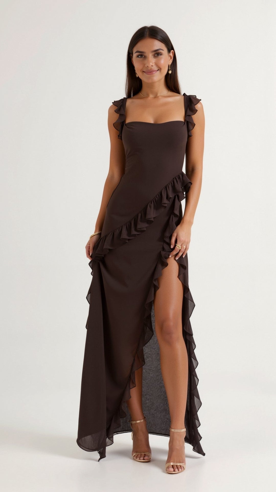Damen Elegantes Maxikleid für Hochzeitsgäste mit Rüschen in Brązowy 1