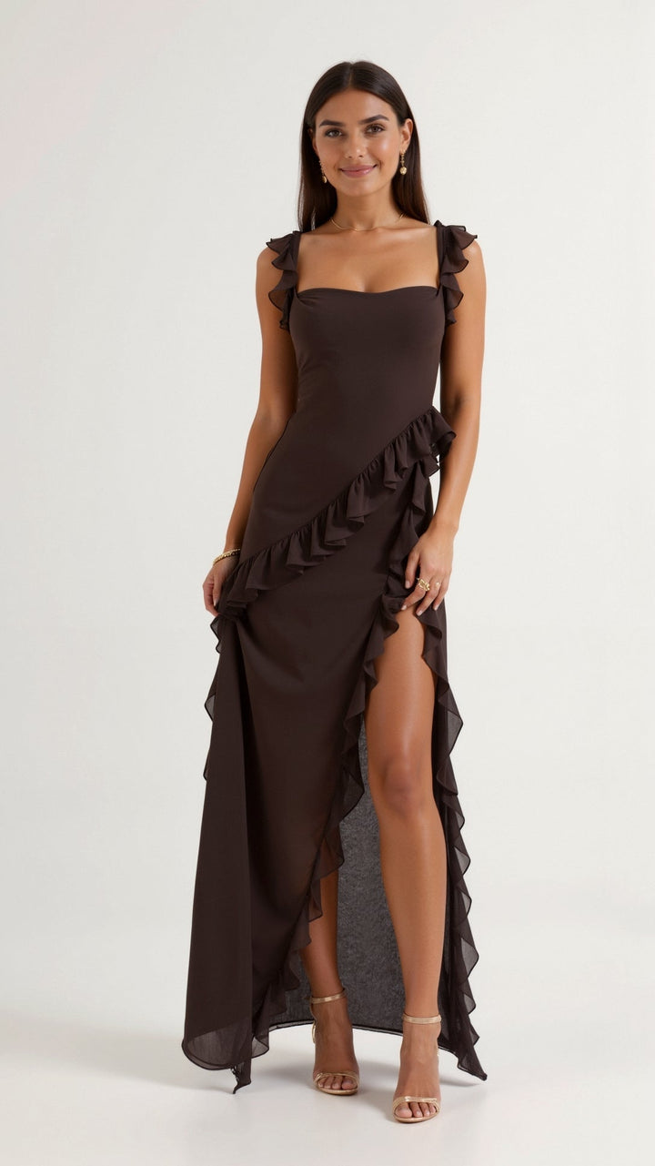 Damen Elegantes Maxikleid für Hochzeitsgäste mit Rüschen in Brązowy 1