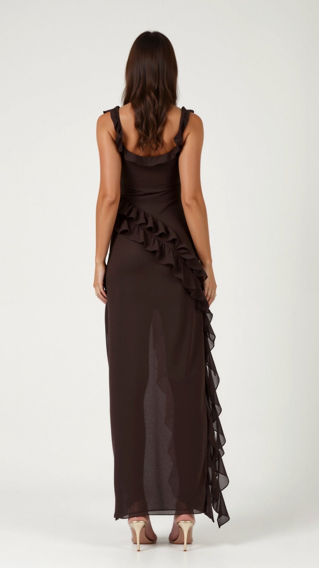Damen Elegantes Maxikleid für Hochzeitsgäste mit Rüschen in Brązowy 2