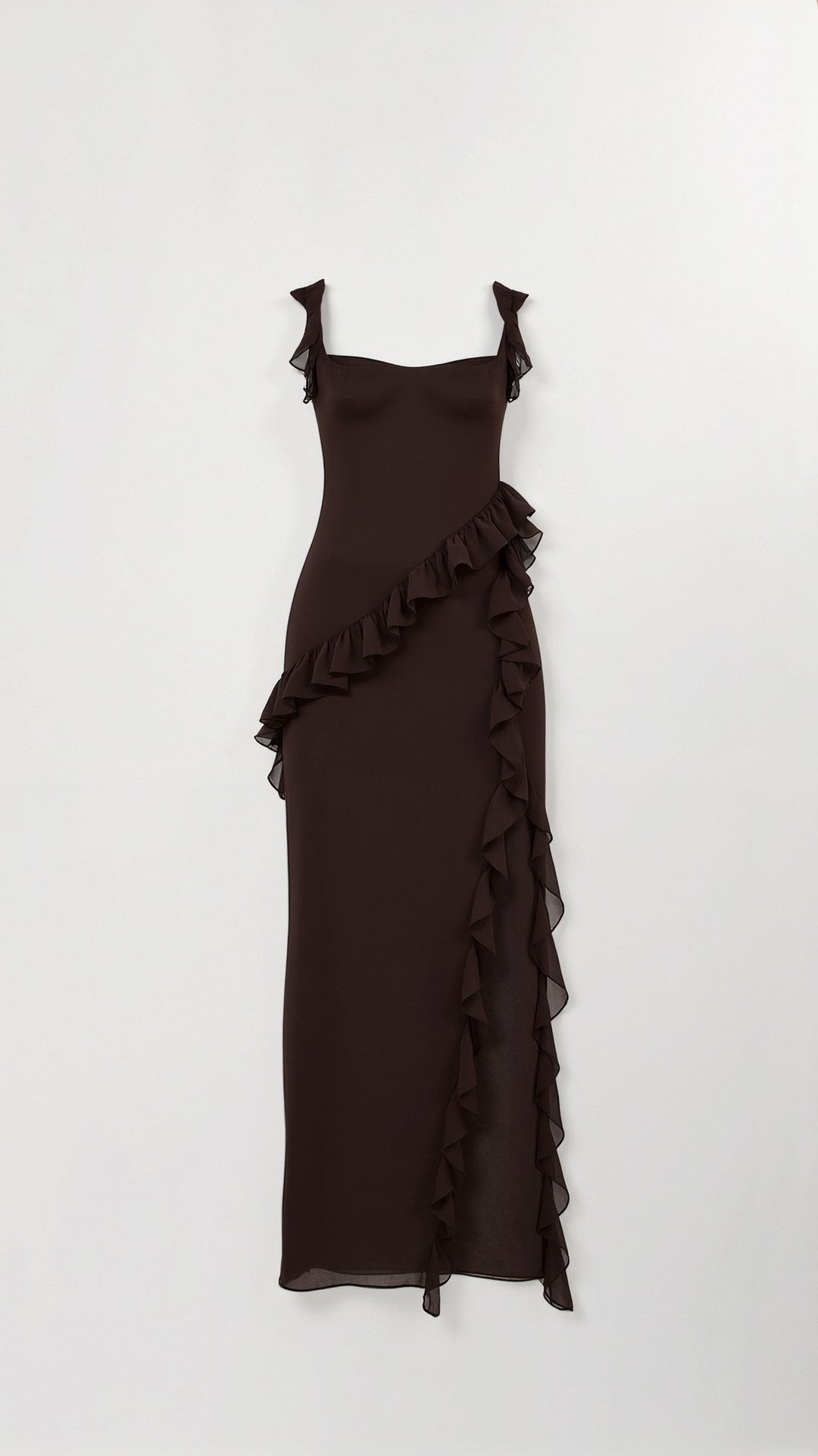 Damen Elegantes Maxikleid für Hochzeitsgäste mit Rüschen in Brązowy 3