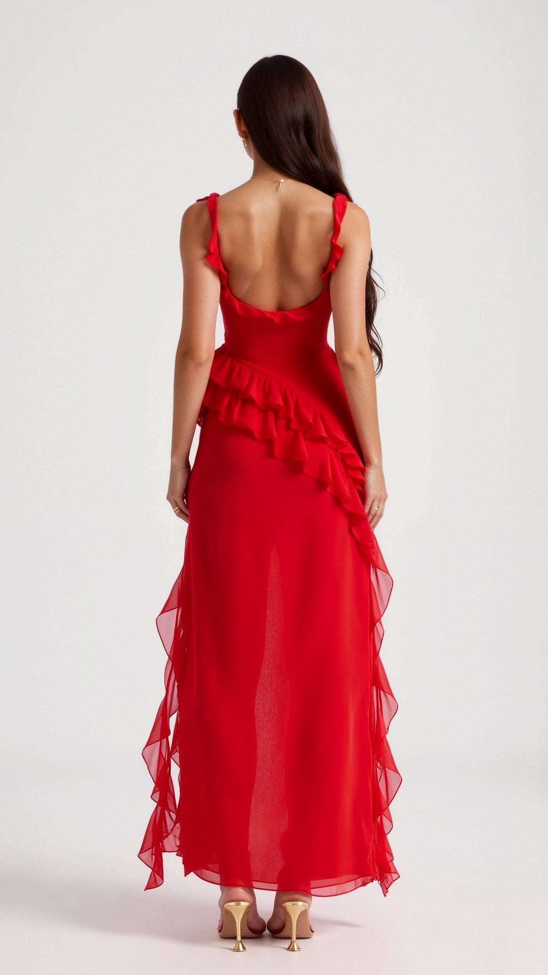 Damen Elegantes Maxikleid für Hochzeitsgäste mit Rüschen in Czerwony 2