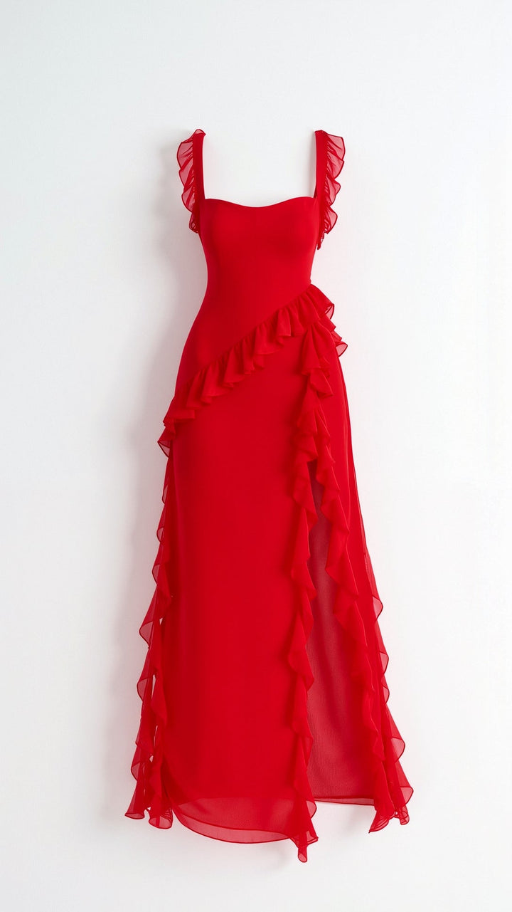 Damen Elegantes Maxikleid für Hochzeitsgäste mit Rüschen in Czerwony 3