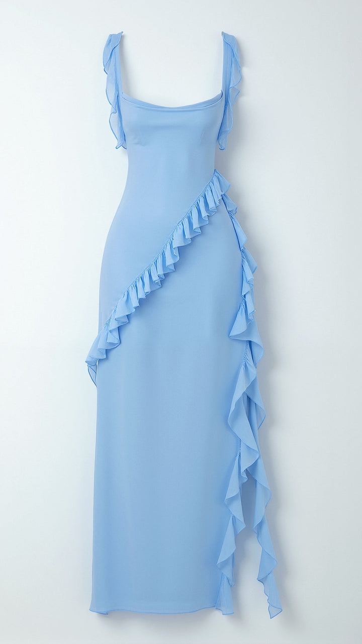 Damen Elegantes Maxikleid für Hochzeitsgäste mit Rüschen in Jasnoniebieski 3