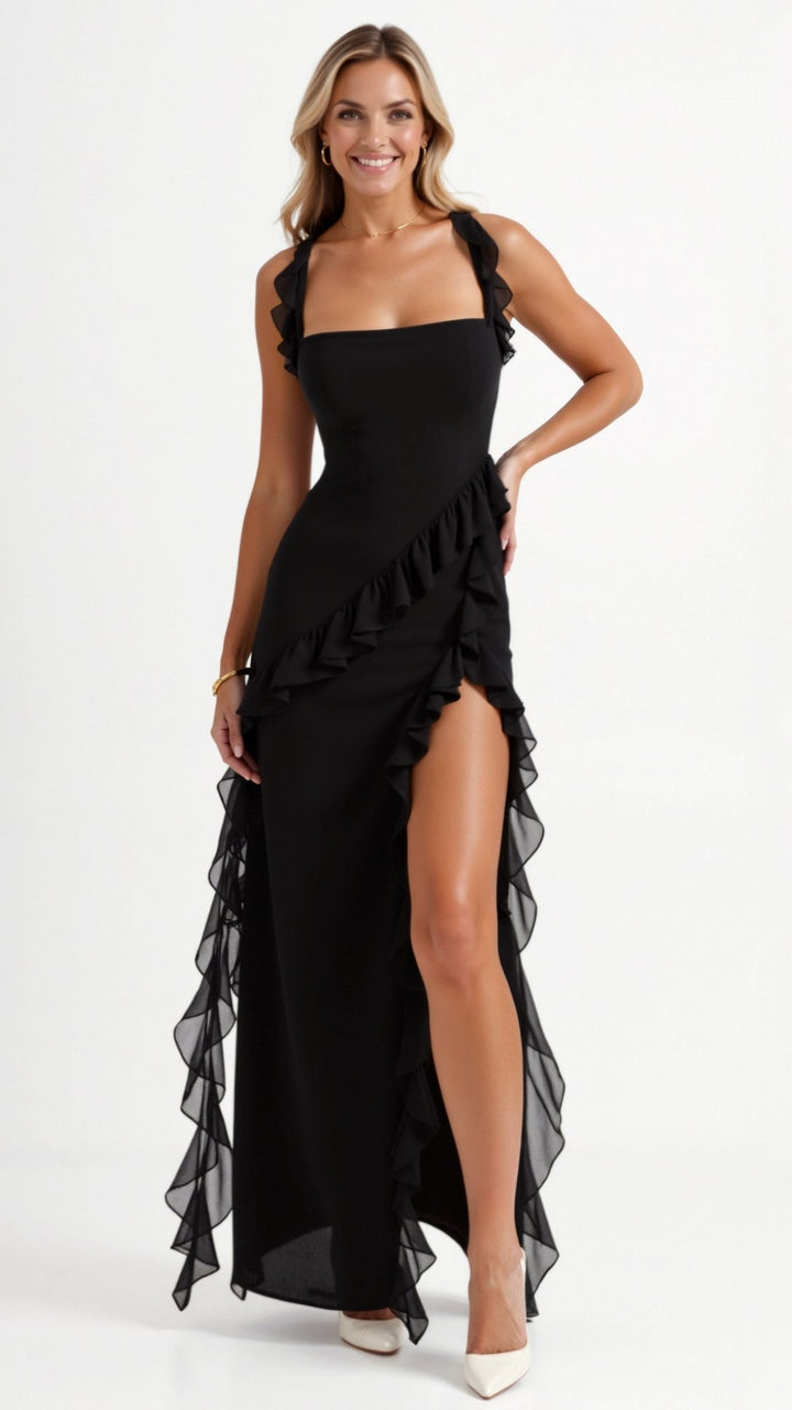 Damen Elegantes Maxikleid für Hochzeitsgäste mit Rüschen in Schwarz 1
