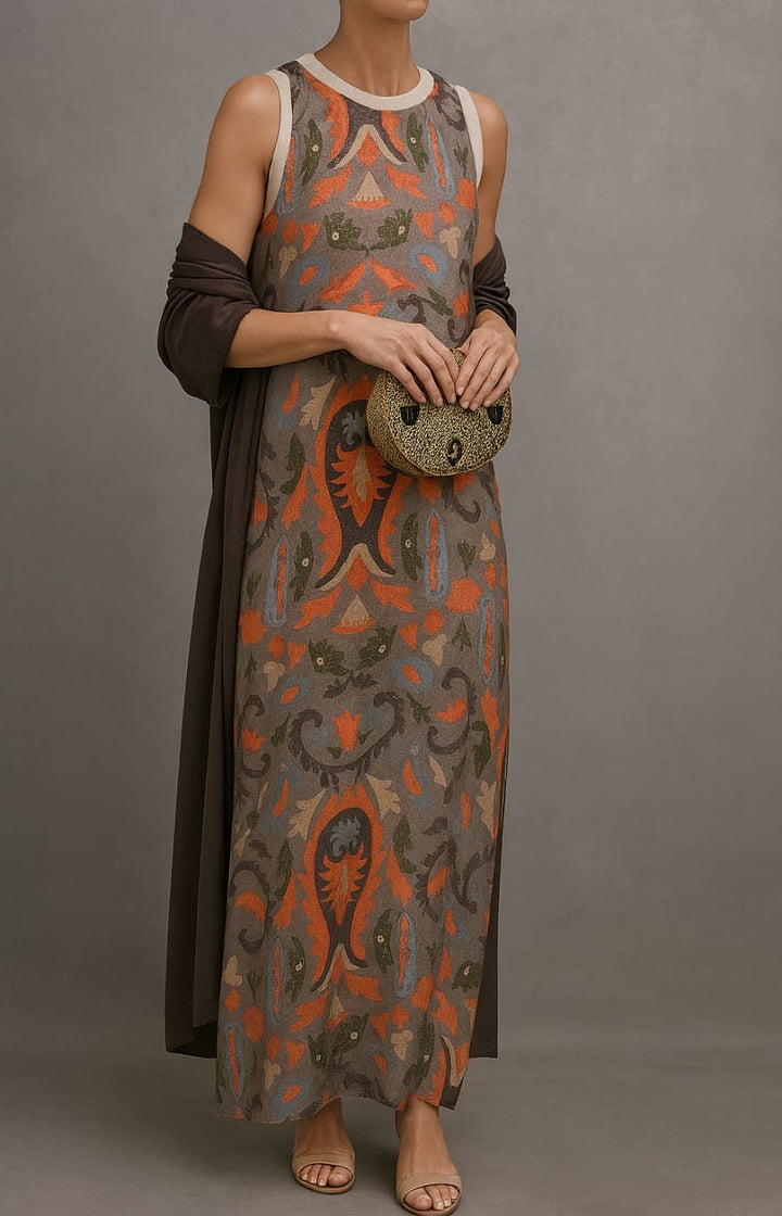 Damen Elegantes Maxikleid mit Blumenmuster in Grau