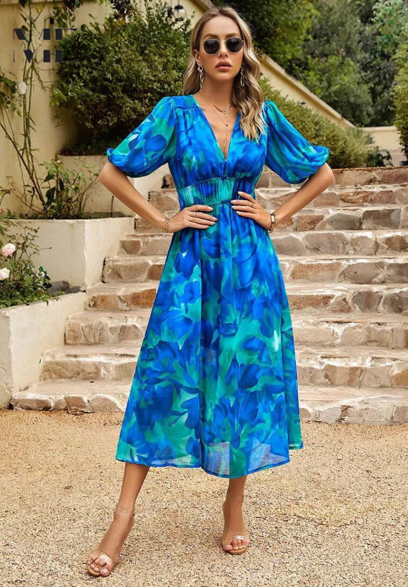 Damen elegantes Midikleid für Hochzeitsgäste in Blau 1
